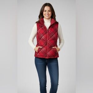 Talbots Women’s Red Plaid Down Filled Puffer Vest size Small Petite
